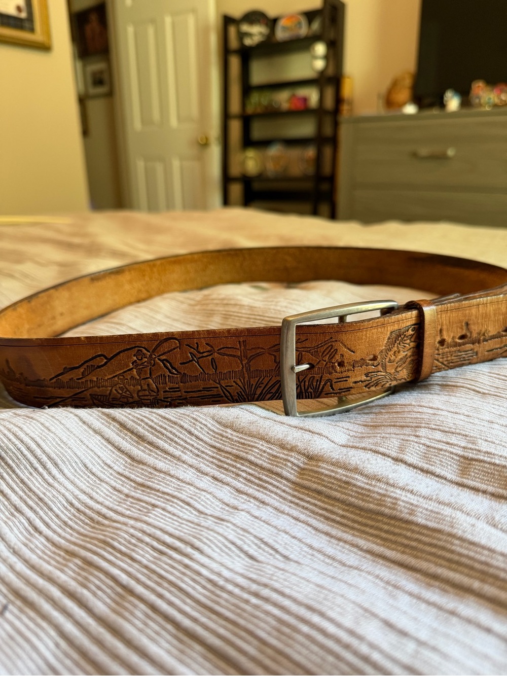 Tooled Leather Western Belt in Tan